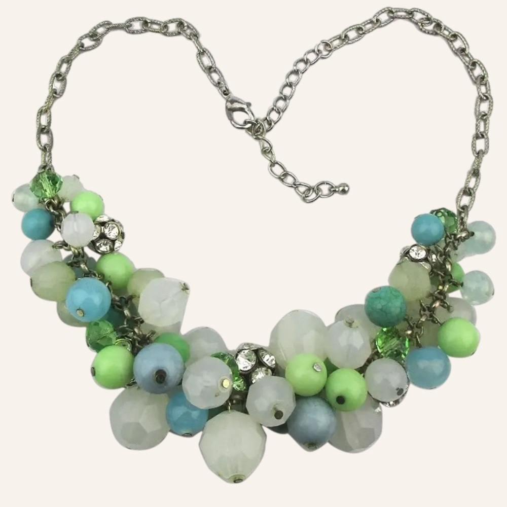 SEAFOAM GREEN  CLEAR  CRYSTALS NECKLACE - Picture 3 of 10